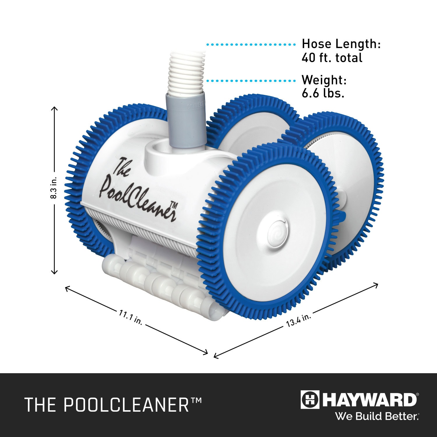 A white and blue pool cleaner with four wheels, 40 ft. hose, 6.6 lbs. weight, and labeled dimensions visible.