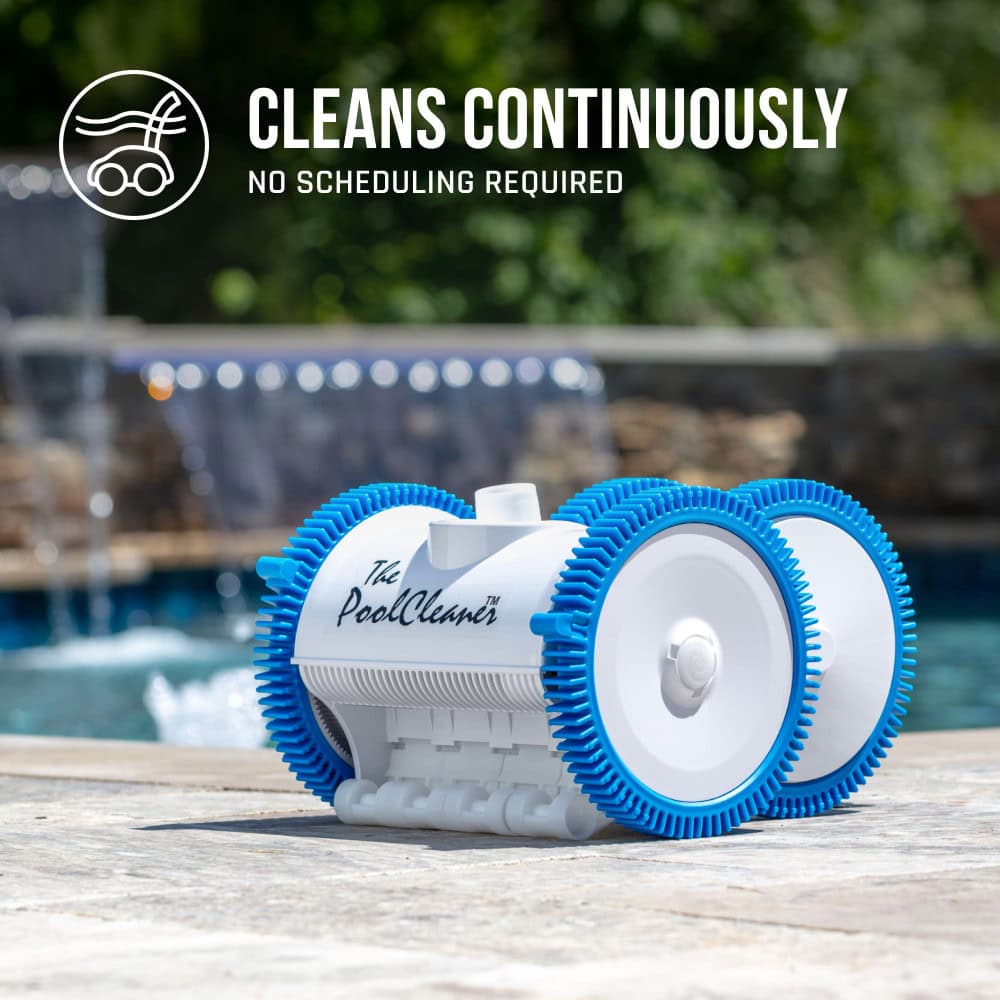 A white and blue pool cleaner is by a clear pool, with text: "Cleans Continuously. No scheduling required.