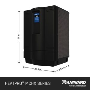 The Black Hayward HeatPro MCHX heat pump stands outdoors, sized 44"x30.5"x33.6", near a pool.