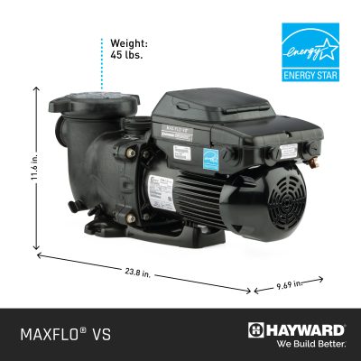 A black Hayward MaxFlo VS pool pump, 23.8"x9.6"x11.6", is displayed on a white background.