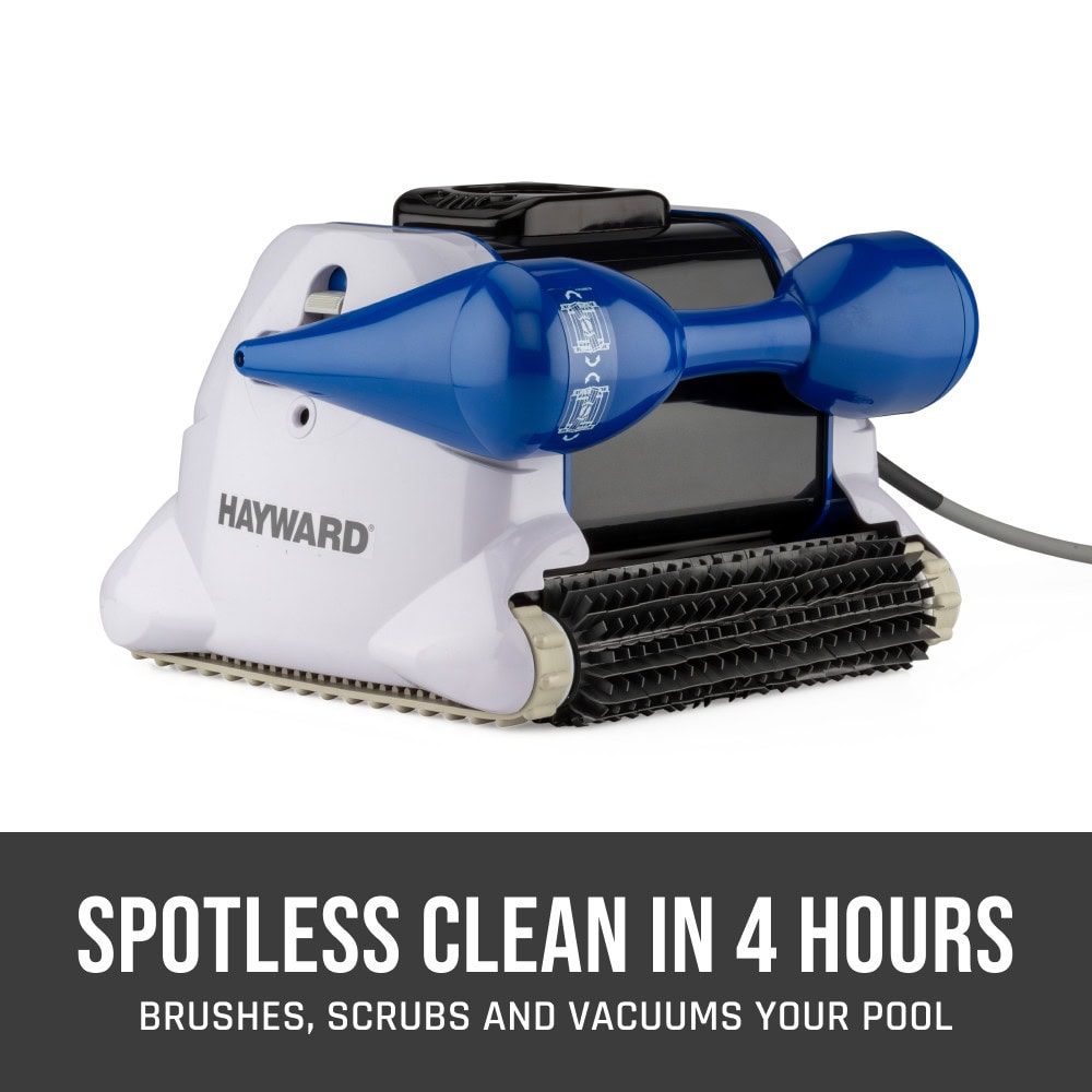 A Hayward robotic pool cleaner in blue and white promises a spotless clean in 4 hours on a white background.