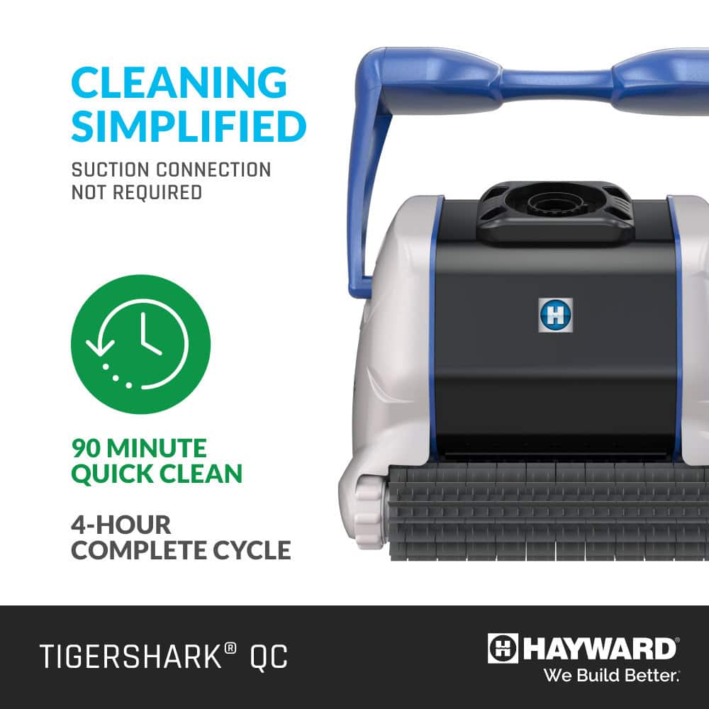 A Hayward TigerShark QC pool cleaner is shown with text about 90-minute quick clean and 4-hour cycles.