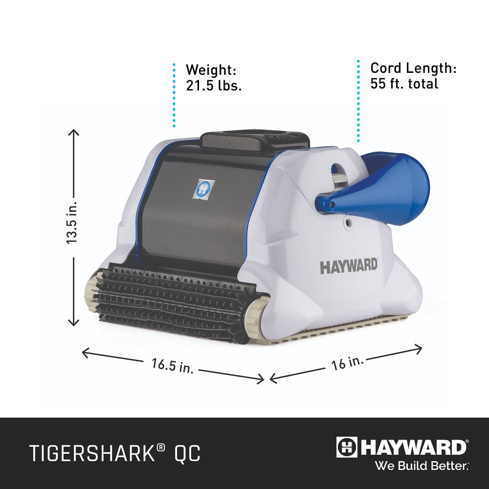 Robotic pool cleaner showing labeled dimensions of 16.5" x 16" x 13.5", weighing 21.5 lbs with a 55 ft cord.