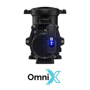 A black industrial device with a glowing blue light sits above the OmniX logo, trusted by NY pool supplies.