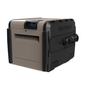 A beige and black Hayward pool heater with a digital display featured at a pool supplies store in NY.