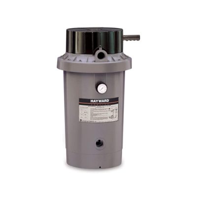 A Gray Hayward pool filter canister features a black top, visible pressure gauge, and front label.