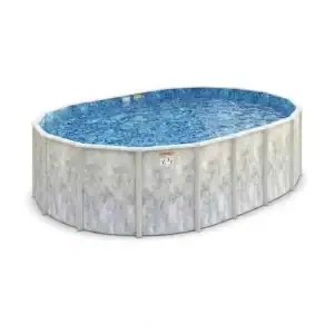 Coastal Mist 30' round 52" high above-ground pool with white wall shown in a suburban Long Island yard.