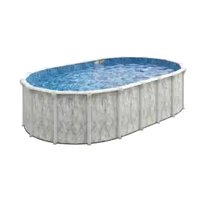 Summit Oval 52" High Above Ground Pool with marbled gray exterior set up outdoors in Long Island.