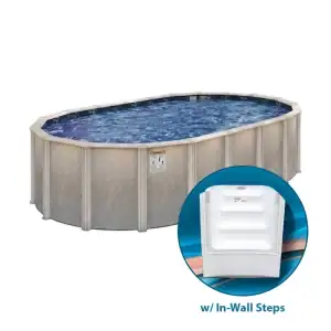 A Windsorfalls Oval 52" high above ground pool with in-wall steps installed in a Long Island backyard.