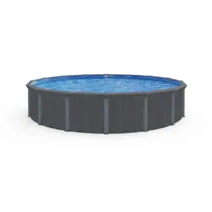 The Elmhaven Round 52" high above ground pool is set up in a sunny Long Island backyard.