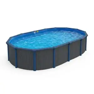 The Elmhaven Oval 52" High Above Ground Pool shows blue water and a gray textured design outdoors.