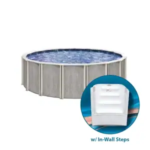 A Willow Wood 52" round above ground pool with in-wall steps set up outdoors on a sunny day.