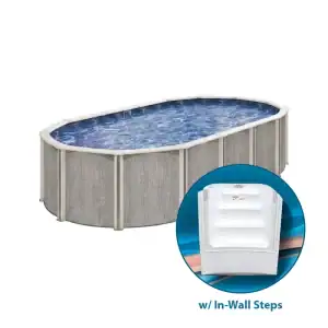The Willow Wood Oval 52" above-ground pool features in-wall steps and wood-textured sides.