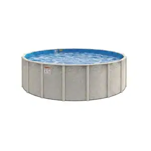Beachwood Round 52" Above Ground Pool with light panels, perfect for NY summers, shown in a backyard.