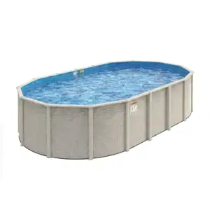 A Beachwood Oval 52" High Above Ground Pool is filled with water, ready for use in a sunny backyard.