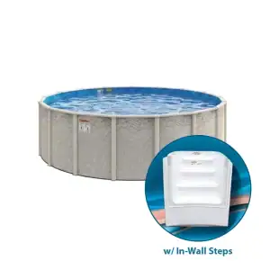 A Beachwood 52" high round above-ground pool with in-wall steps is shown in a backyard setting.