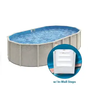 Beachwood Oval 52" high above ground pool with in-wall steps displayed; pool supplies also shown nearby.