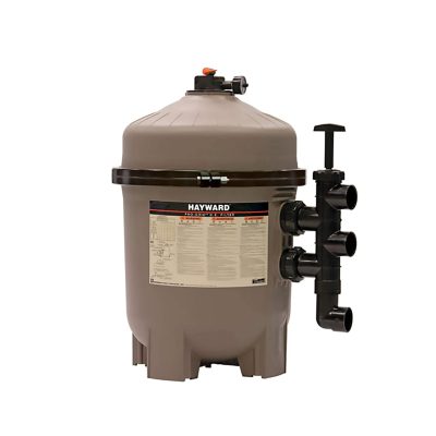 A large Hayward pool filter with a labeled front panel and several black valve connections on the side.