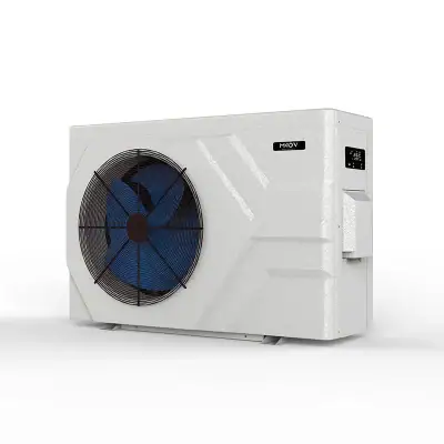 White outdoor air conditioning unit featuring a black and blue fan, ideal for pool areas in Long Island.