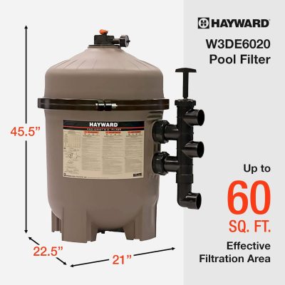 Brown Hayward pool filter with three black pipe outlets, labeled for up to 60 sq. ft. filtration capacity.