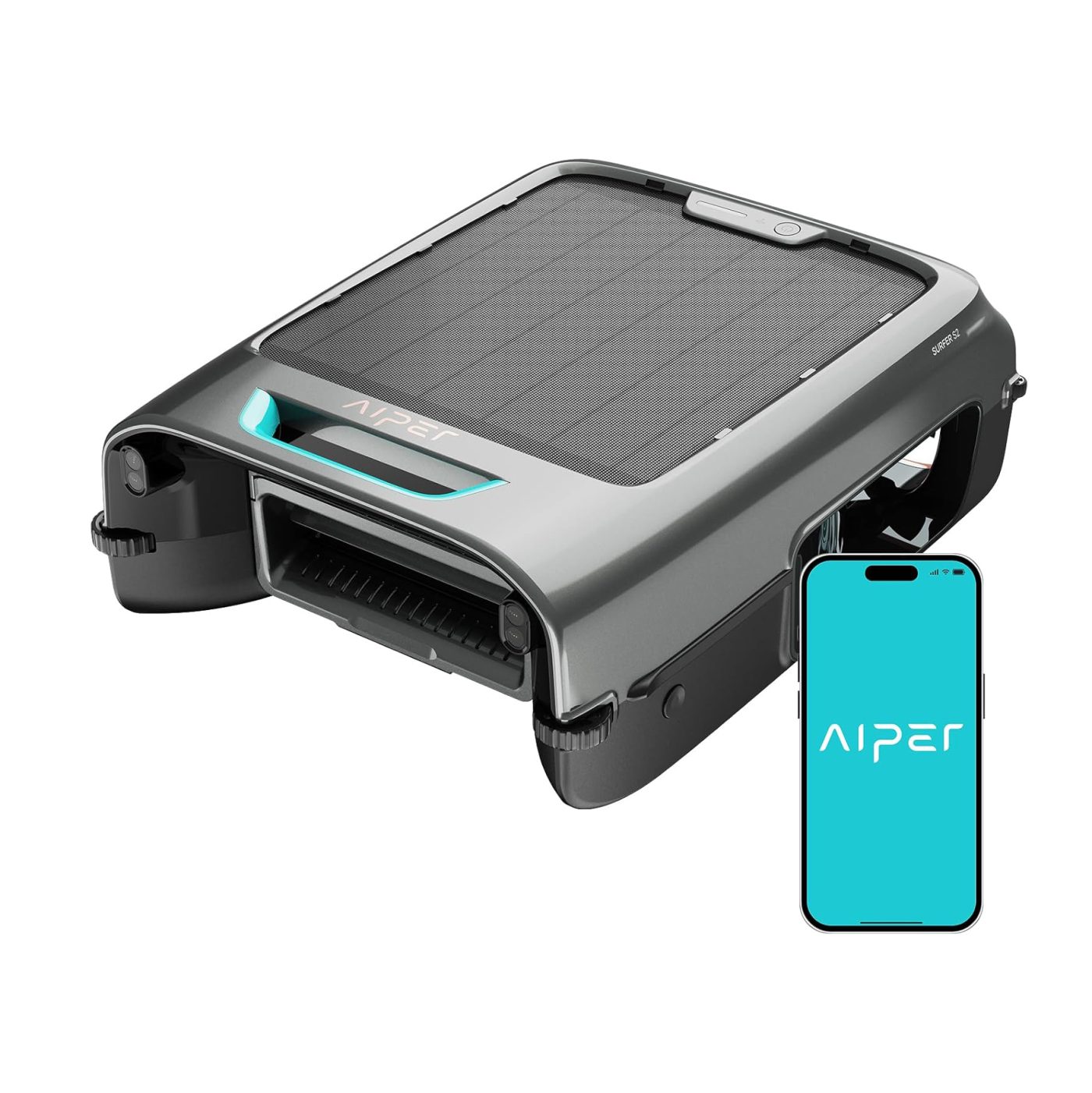 The EcoSurfer S2 Solar Powered Pool Skimmer Robot is shown next to a smartphone displaying the Aiper app.