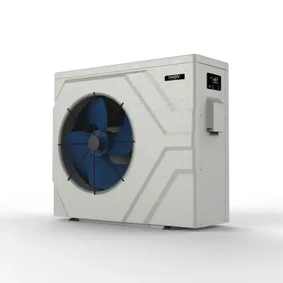 A white outdoor AC unit with a black and blue fan, suitable for NY pool supplies in Long Island or Queens.