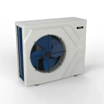 A white outdoor air conditioning unit with a large blue fan sits by pool supplies in Long Island, NY.
