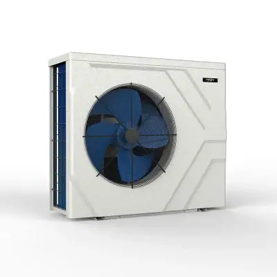 A white outdoor AC unit featuring a black fan and blue fins, suitable for NY pool supplies in Long Island.