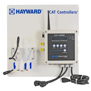 The Hayward CAT 4000 water quality controller panel features attached cables and a clear flow cell.