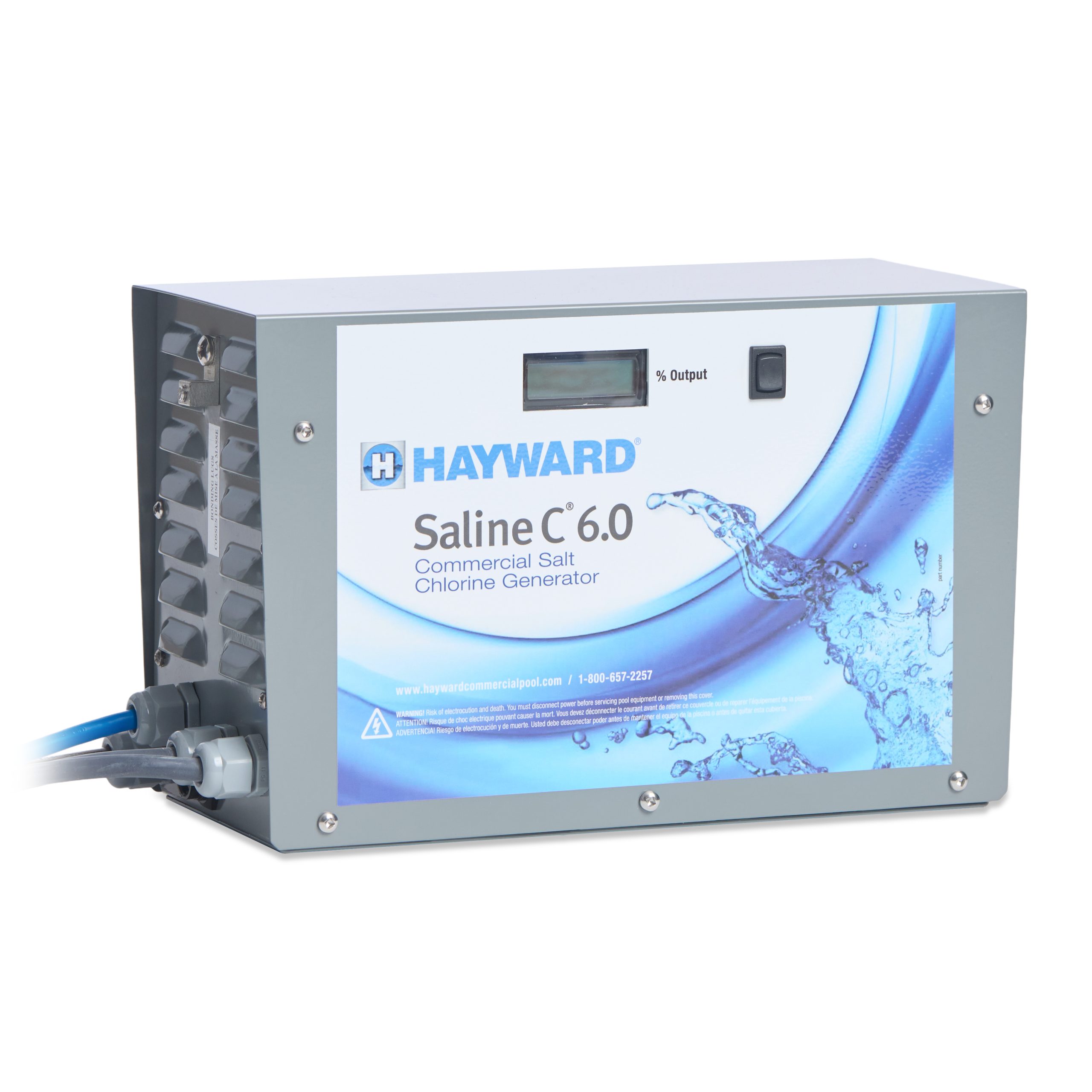 The Hayward Saline C 6.0 commercial salt chlorine generator features a digital display and water design.
