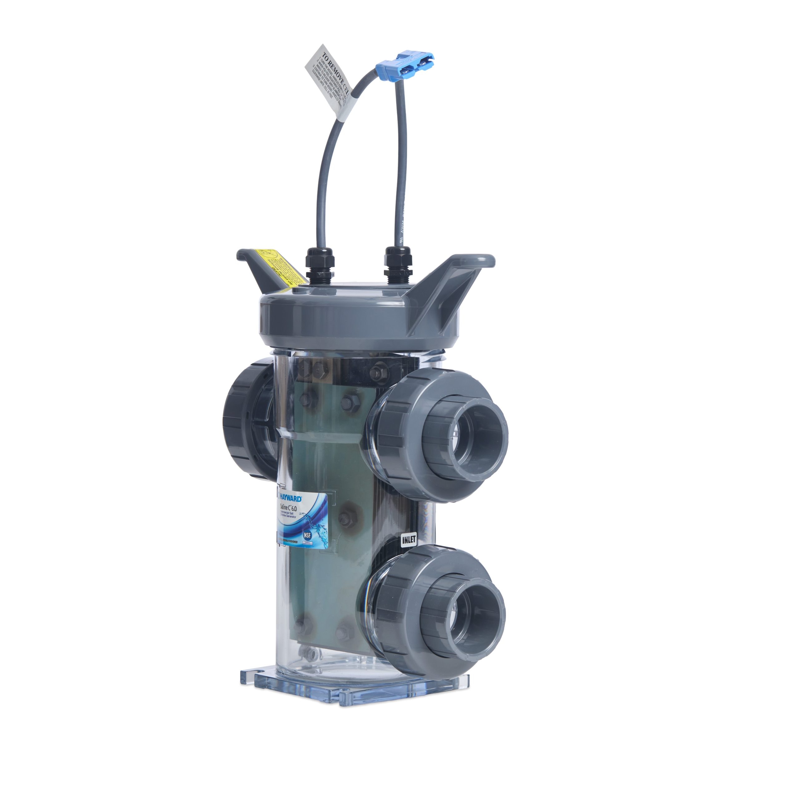 A clear cylindrical pool chlorinator cell with gray fittings, wires, and a blue label on a white background.