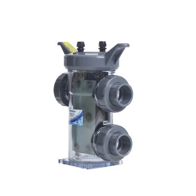 Clear plastic and gray pool filter unit with several large threaded pipe connections shown on white background.