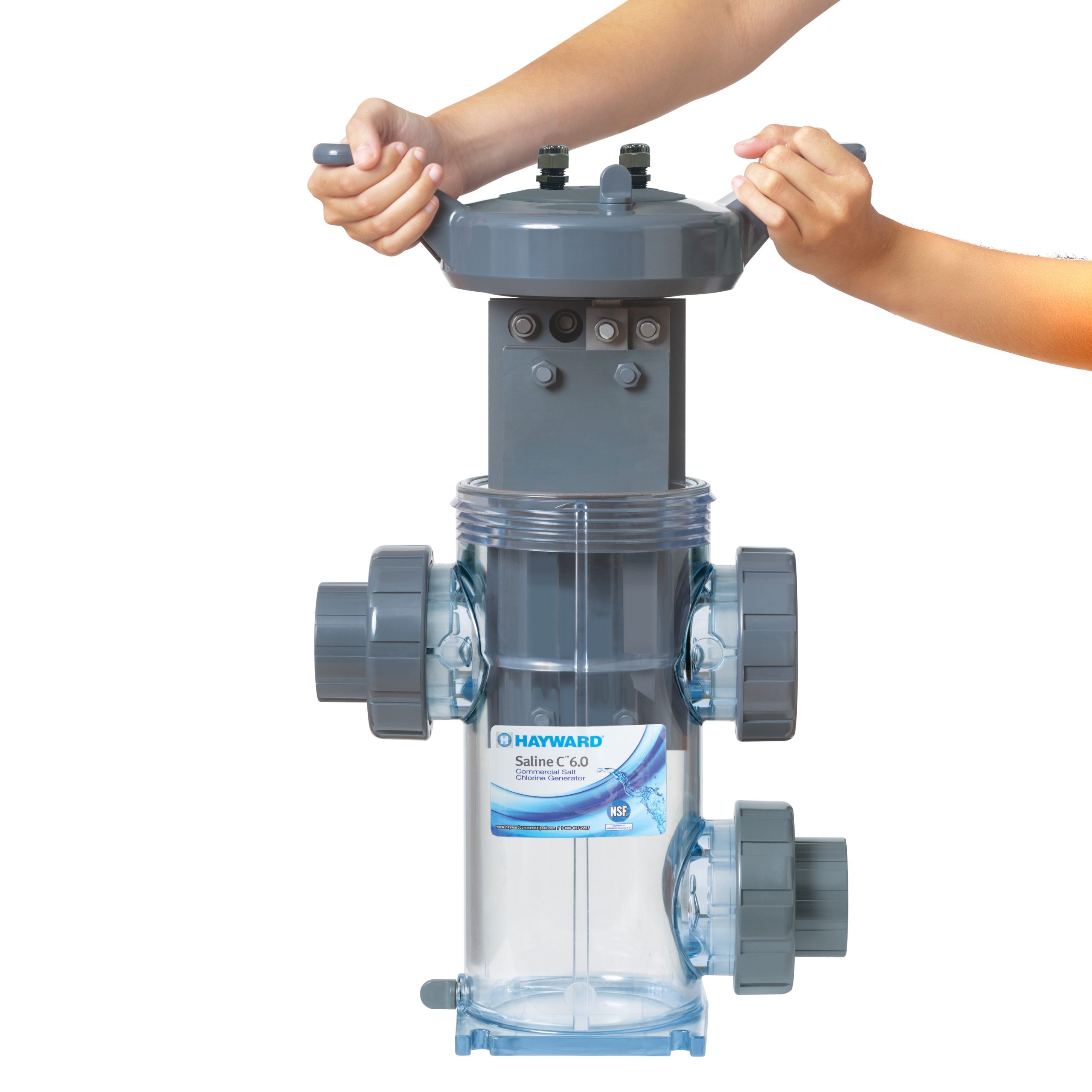 Two hands are unscrewing the lid of a Hayward Saline C 6.0 pool chlorinator during maintenance.
