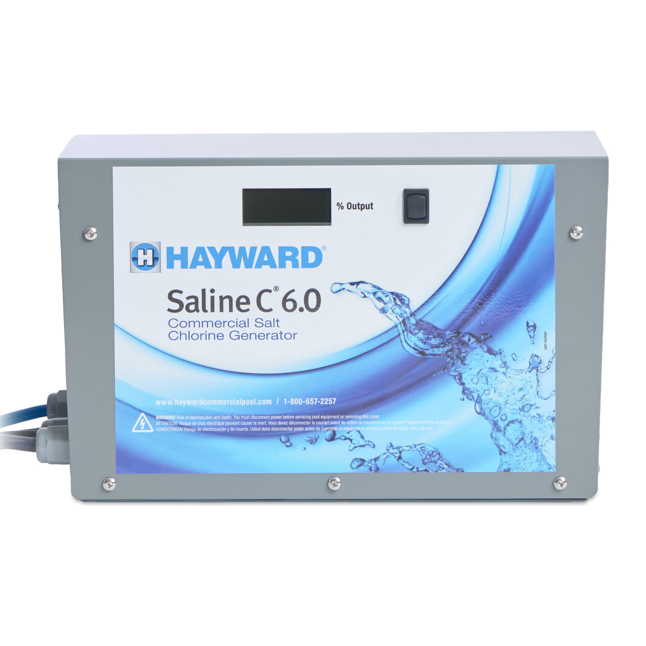 Front view of a Hayward Saline C 6.0 salt chlorine generator featuring a digital display for controls.
