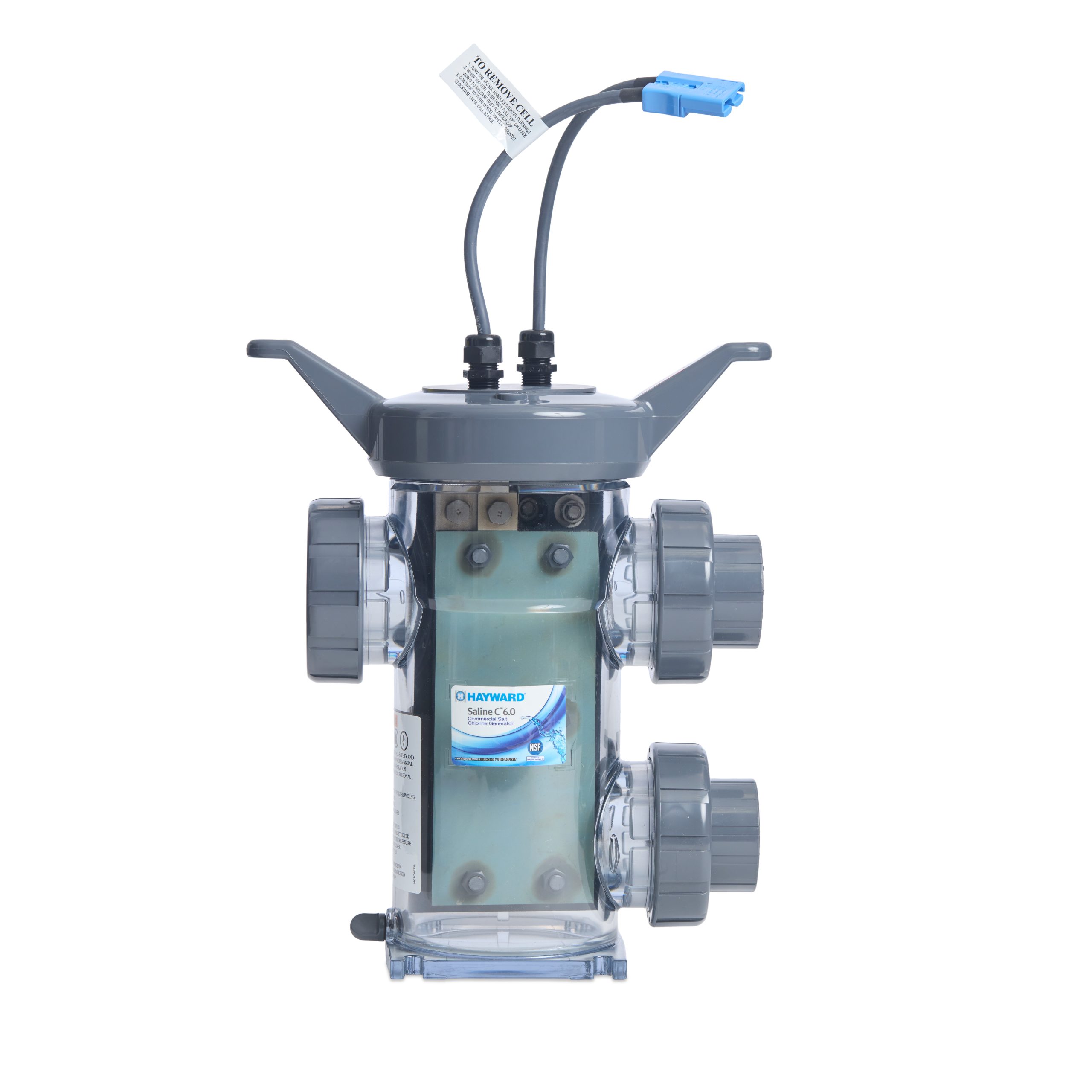 A clear gray Hayward salt chlorine generator cell shows two cables and three threaded ports on white.