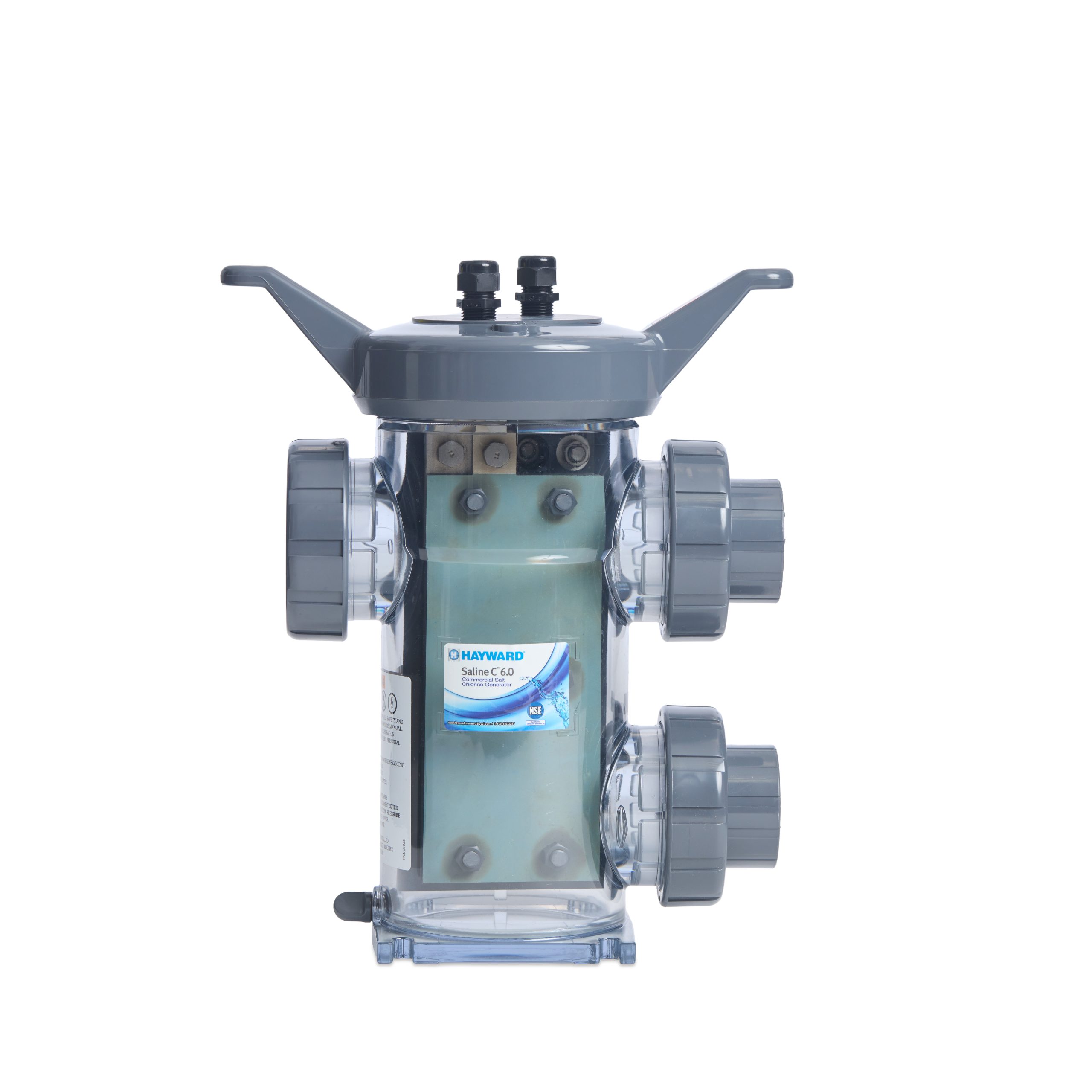 Clear pool chlorinator cell with two gray pipe connectors and a visible Hayward SwimClear label.