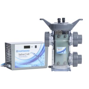 The Hayward Saline C 6.0 chlorine generator system features a control box and a clear cell chamber panel.