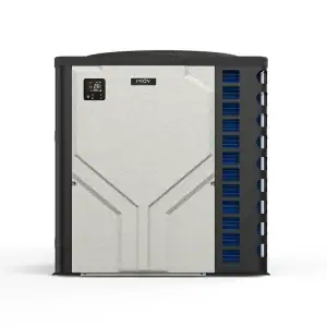 The MooV Inverter Heat Pump MI1100, 110K BTU, is shown in gray and black, ideal for pool heating.