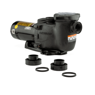 Black Hayward pool pump with three fittings and two O-rings, suitable for NY pool supplies needs.