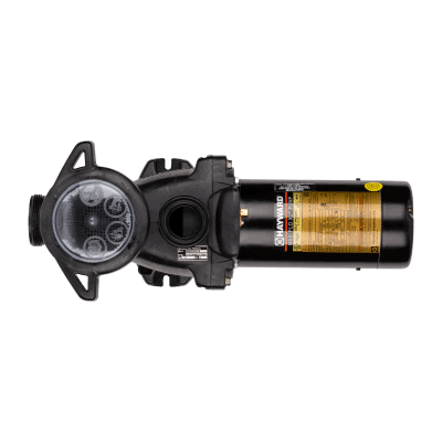 A black pool pump with a clear lid and yellow label sits on display at a pool supplies store in Queens, NY.