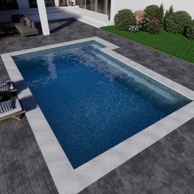 The Midnight Opal rectangular backyard pool in NY features lounge chairs, patio seating, and pool supplies.