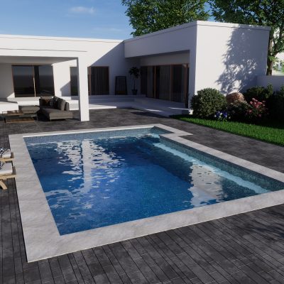 A modern NY backyard with a rectangular Midnight Opal pool, lounge chairs, and premium pool supplies.