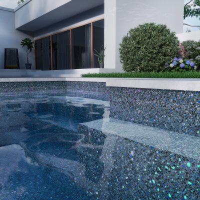 A modern backyard features a Midnight Opal glass-tiled pool, ideal for pool supplies in Long Island.