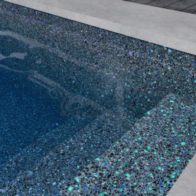Close-up of a NY pool with a Midnight Opal mosaic tile interior and premium pool supplies on Long Island.