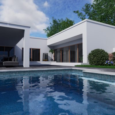 Modern NY home with large windows, patio seating, and a sparkling Midnight Opal pool in sunlight.