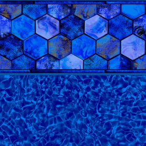 Hexagonal blue tiles from Milos Tile's Blue Pointe Floor resemble pool supplies in Long Island style.