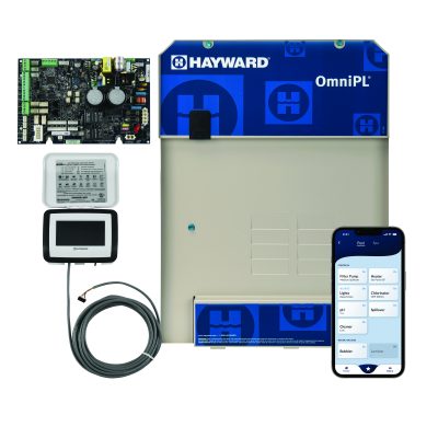 Hayward OmniPL pool controller system showing control panel, visible wiring, circuit board, and app interface.