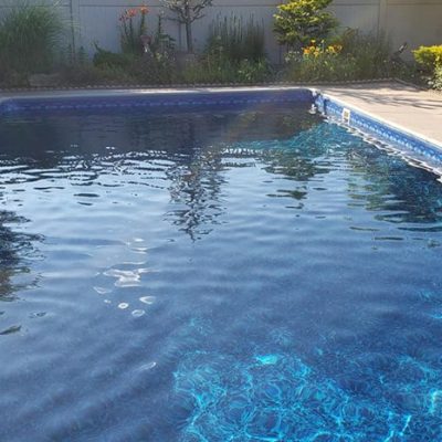 A clear blue rectangular pool with Sea Storm Floor tile, framed by flowers in Long Island and Queens gardens.