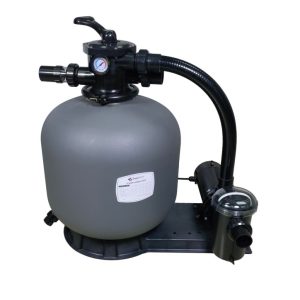 A 21" FSP Sand Filter System with 2-speed pump and 1HP motor, shown at NY Pool Supplies display.
