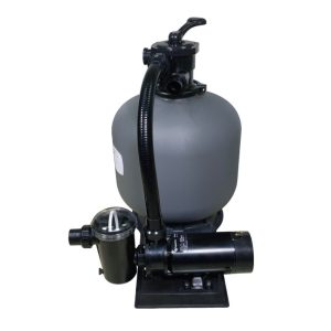 Gray pool sand filter system with attached pump and hose, suitable for NY pool supplies on Long Island.